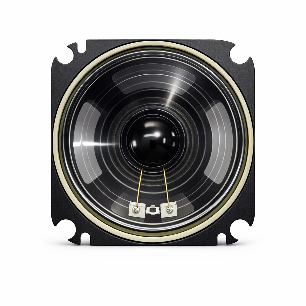 102 × 102 mm compact fire and life safety speaker shown front-facing, featuring a black cone with central dome and square mounting frame, designed for high-clarity audio in notification and evacuation systems and compliant with UL1480 and ULC S541 standards, isolated on a white background.