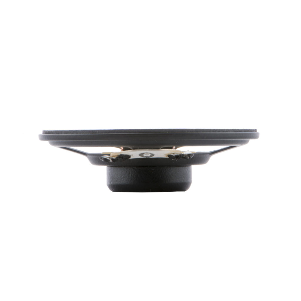 Low-profile 57 mm speaker driver shown in side view, designed to meet UL 217 and UL 520 Hz low-frequency alarm requirements, featuring a compact 17.5 mm profile for clear, intelligible audio in life safety and space-limited applications, isolated on a white background.