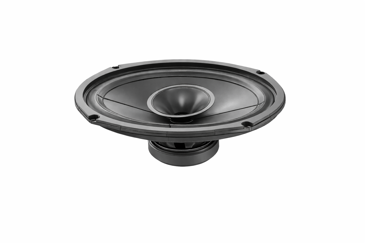 9×6-inch oval speaker driver with a slim 70 mm profile, featuring a black cone and integrated mounting holes, designed for clear, efficient sound and reliable output across vocals, mids, and general-purpose audio applications, isolated on a white background.