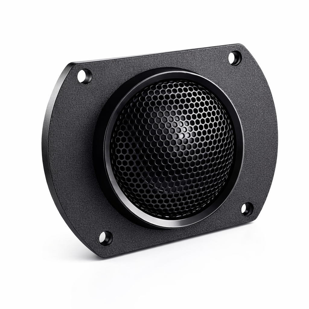 Gaming speaker tweeter, part number T7555008NC103AKR, featuring a black dome diaphragm with protective metal mesh grille, mounted on a square faceplate with four screw holes, isolated on a white background.