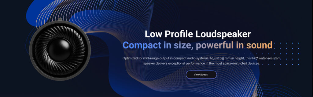 D0040008NM89WER Low-profile circular speaker on a dark blue abstract background with flowing lines, alongside text promoting “Compact in size, powerful in sound” and a “View Specs” button.